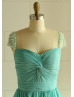 Jeweled Cap Sleeves Turquoise Chiffon Pleated Bridesmaid Dress